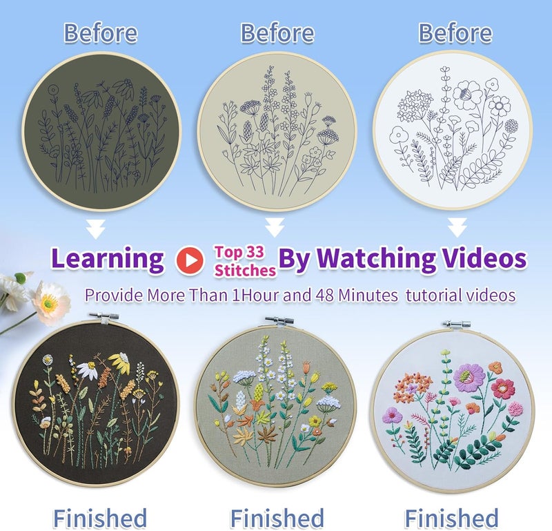 ETSPIL 3 Pack Beginner Embroidery Kits for Adults, DIY Starter Set with Stamped Flower Designs, Embroidery Hoop, Colorful Threads, Tools, Step-by-Step Instructions & Video Tutorial - Image 4